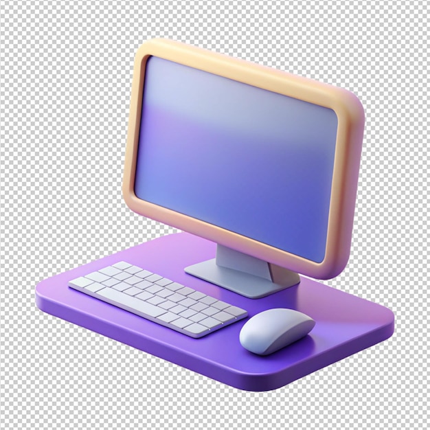 PSD modern computer monitor with keyboard desktop computer screen template realistic 3d cartoon style design isolated on transparent background