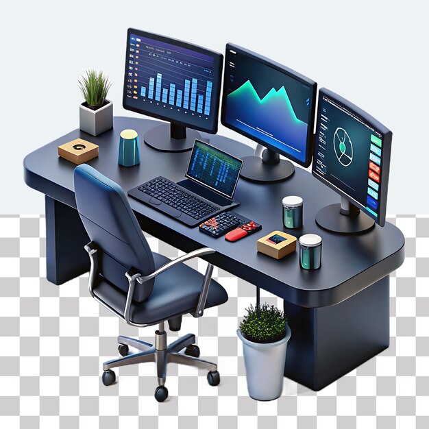 PSD a modern office workspace featuring charts and graphs displayed on a computer on a desk keyboard