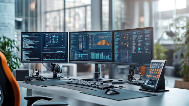 PSD modern programmer39s workstation with triple monitors displaying code data and graphs tablet and peripherals