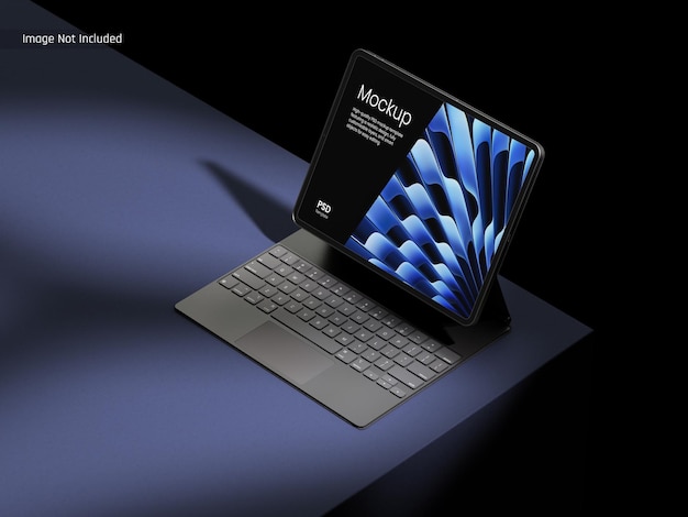 PSD modern tablet mockup with keyboard on dark surface