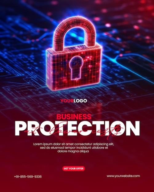 PSD network security information security poster template with a digital lock icon hovers over an abstract tech background