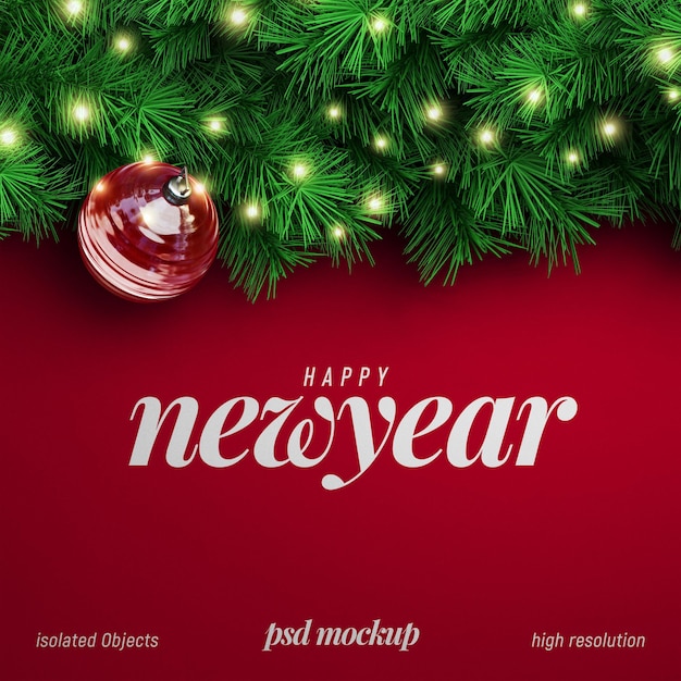 PSD new year background mockup with decorative christmas tree branches for promotion poster or banner