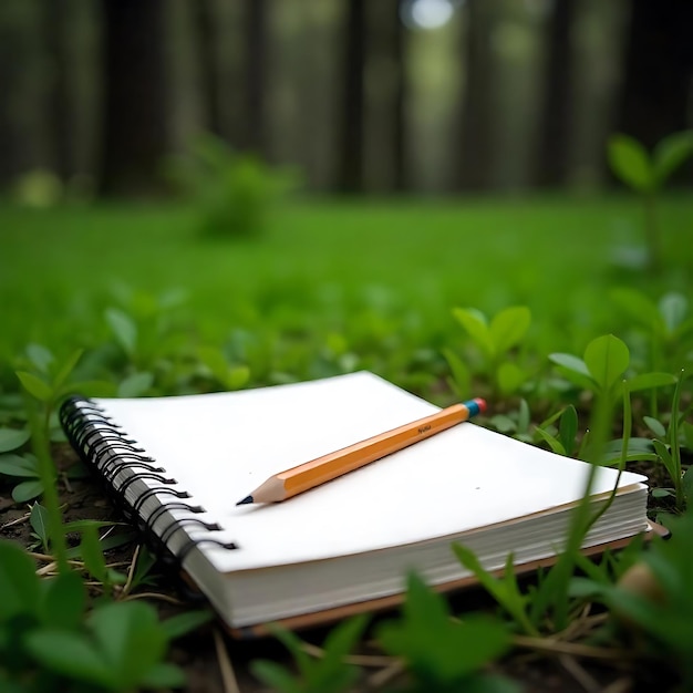 PSD a notebook with a pen on it and a notepad on the grass