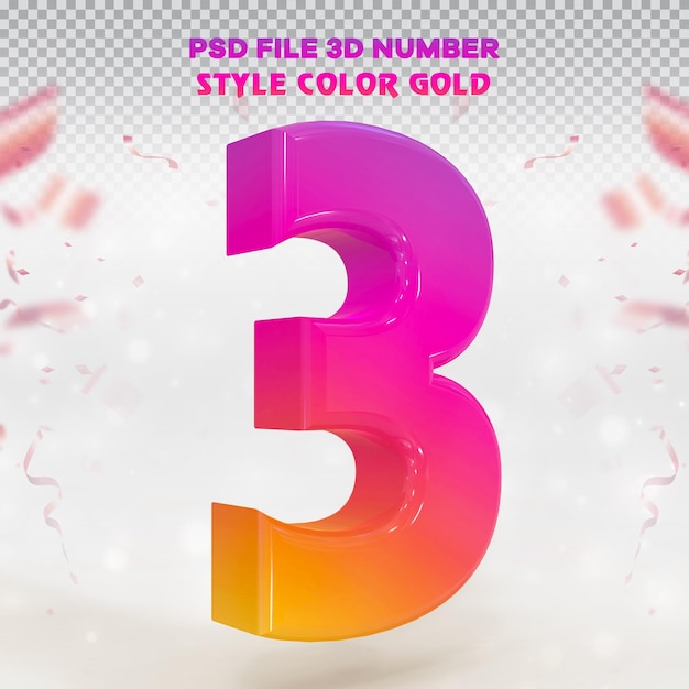 PSD number 3 3d render collection with color instagram