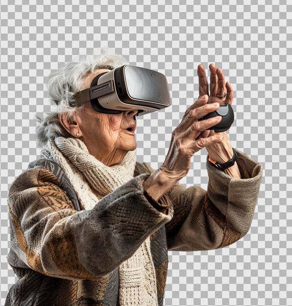 PSD old woman using virtual reality headset on isolated transparent background