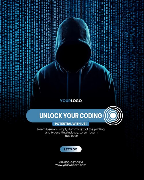 PSD online coding coding workshop poster template with hacker in a dark hoodie surrounded by binary code