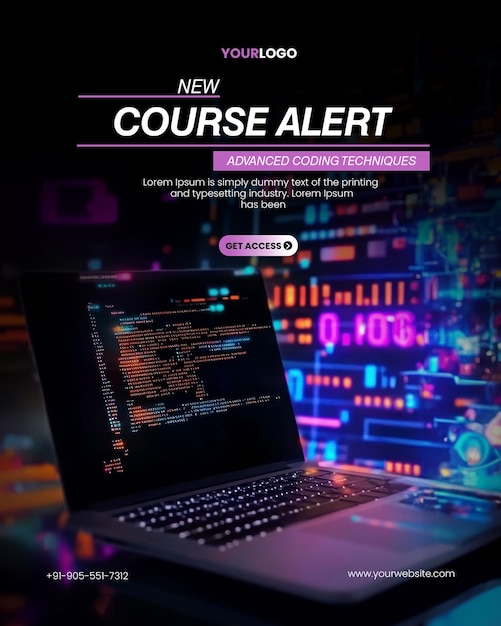 PSD online learning programming workshop poster template with laptop with displaying programming on blurred background