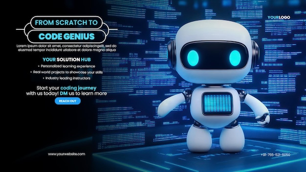 PSD online programming code training banner template with cute white robot surrounded by streams of programming data