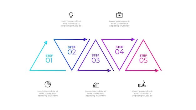 PSD outline triangles with 5 steps or options concept of timeline business development process