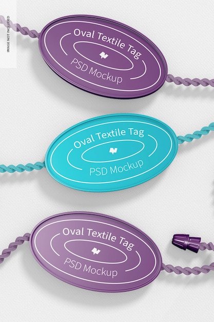 PSD oval textile tags mockup, front view