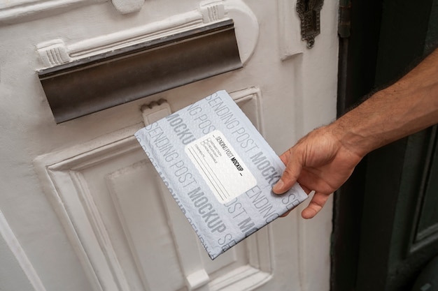 PSD person holding paper mail package