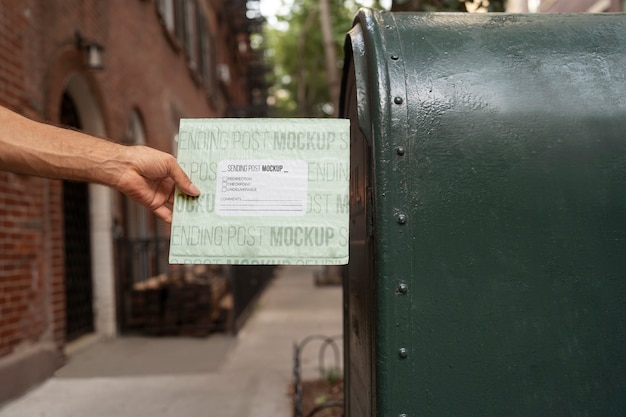 PSD person holding paper mail package
