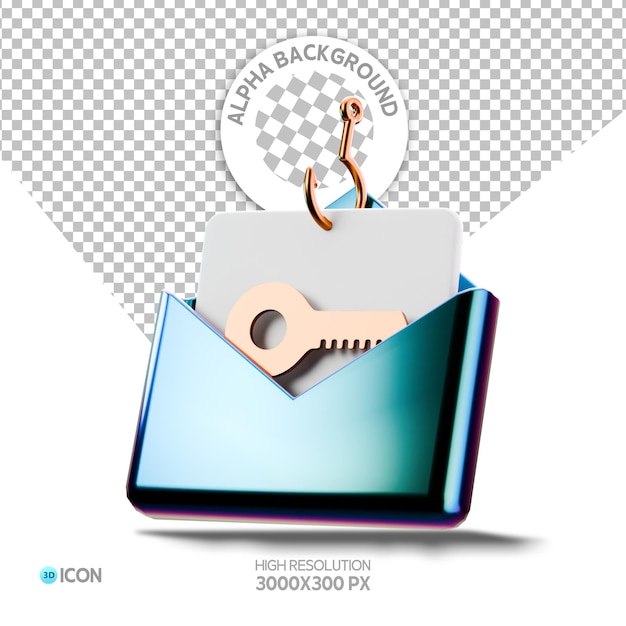 PSD phishing attack concept with key and envelope 3d render security icon