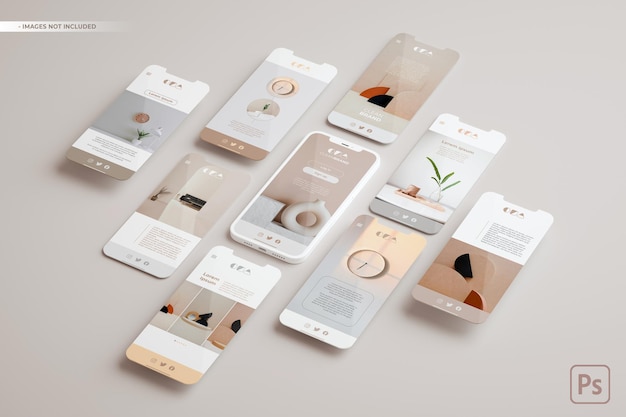 PSD phone mockup and multiple slides floating in 3d rendering. ui ux app concept