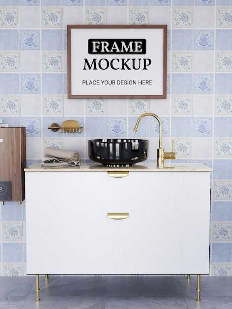 PSD photo frame mockup realistic in the bathroom
