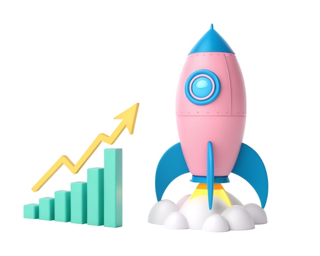 PSD pink blue rocket growth icon 3d illustration