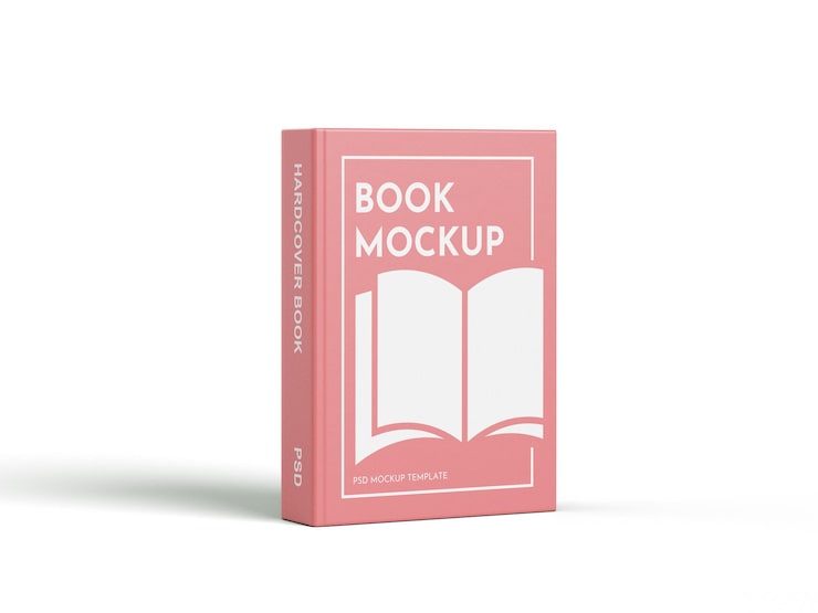 PSD pink hardcover book mockup on white background