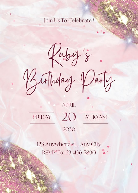 PSD pink and white watercolor birthday party invitation 1