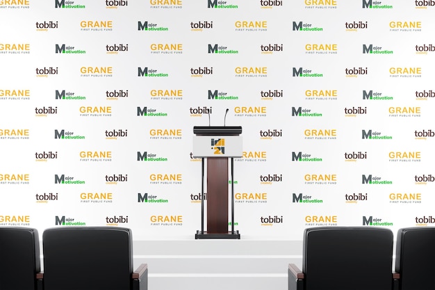 PSD podium at conference with repeating logos