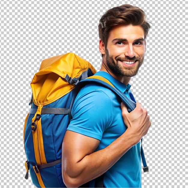 PSD a portrait men with a blue backpack isolated