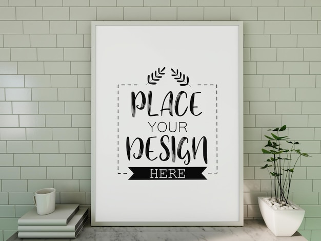 PSD poster frame mockup on the wall with plant