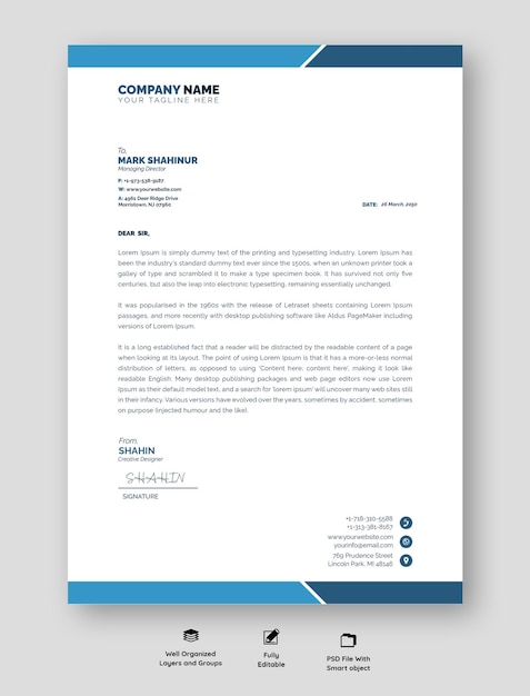 PSD professional letterhead template with blue geometric header and hexagonal logo