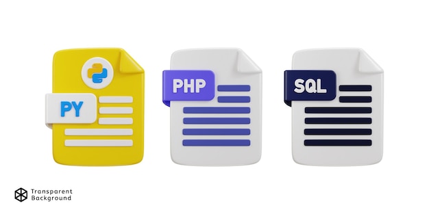 PSD programing language file format icon on php sql and python icon 3d rendering vector illustration