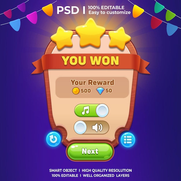 PSD psd level complete game ui popup 2d interface game ui gaming ui 2d you won popup level up game ui