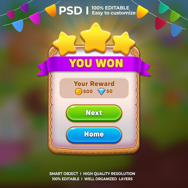 PSD psd level complete game ui popup 2d interface game ui gaming ui 2d you won popup level up game ui