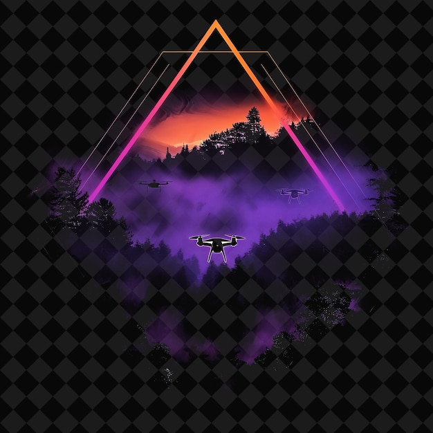 PSD a purple and orange image of a mountain with a drone flying in the sky