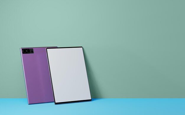 PSD purple tablet leaning on another with a blank display