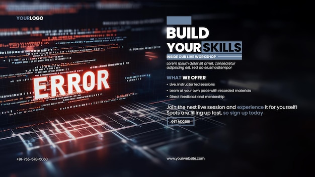 PSD python workshop web coding banner template with a glowing text error displayed on virtual screen with flowing programming code