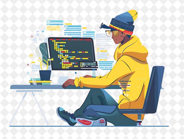 PSD quirky programmer with characters coding and debugging softw png people in daily work illustration