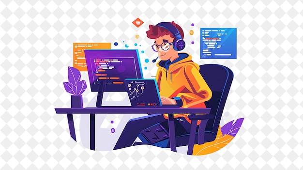 PSD quirky programmer with characters coding and debugging softw png people in daily work illustration