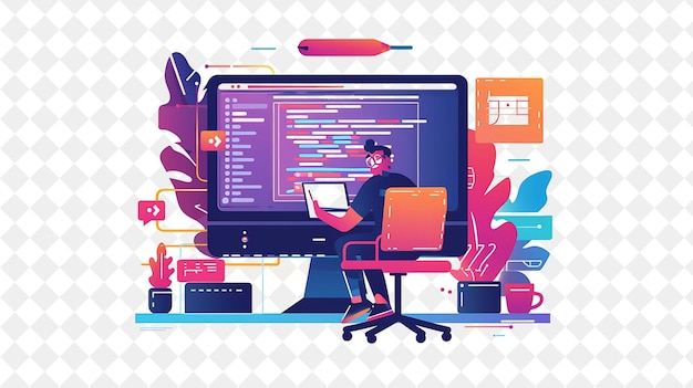 PSD quirky programmer with characters coding and debugging softw png people in daily work illustration