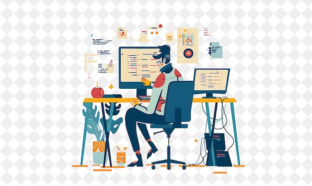 PSD quirky programmer with characters coding and debugging softw png people in daily work illustration