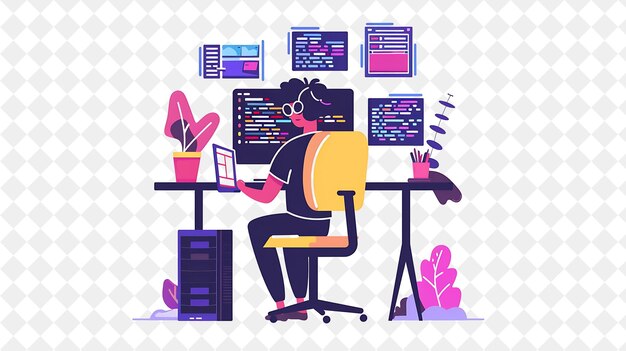 PSD quirky programmer with characters coding and debugging softw png people in daily work illustration