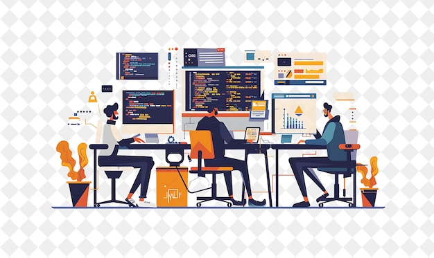 PSD quirky programmer with characters coding and debugging softw png people in daily work illustration