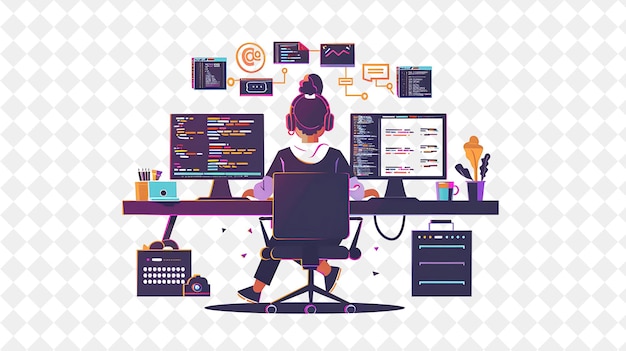PSD quirky programmer with characters coding and debugging softw png people in daily work illustration