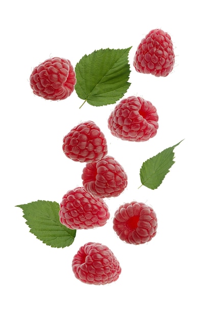 PSD raspberry with green leaves on white isolated background