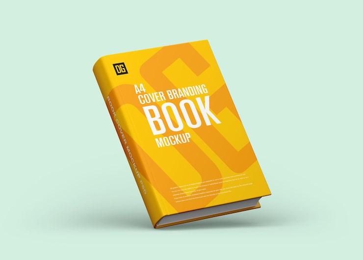PSD realistic a4 book cover branding mockup on light background