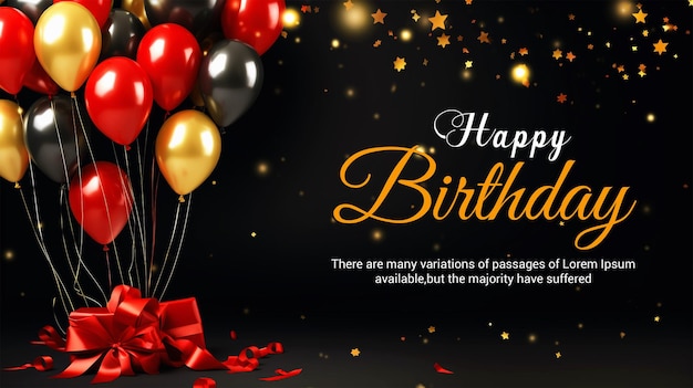 PSD realistic black glossy background happy birthday text with colorful balloons