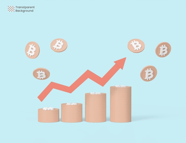 PSD red arrows and stacks of coins on a blue background.