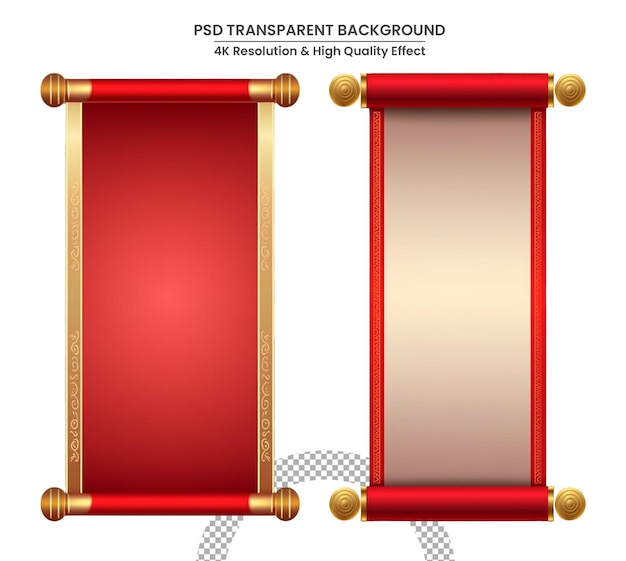 PSD red chinese scroll with gold handles on white background 3d render