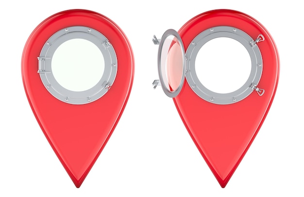 PSD red map pointer with porthole window open and closed views 3d rendering