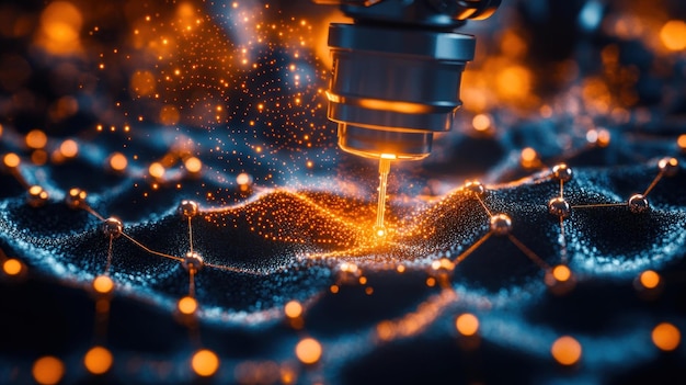 PSD a robotic arm with a glowing tip sparks flying from the tip and the abstract design of the metallic mesh structure with connected spheres creating a wavelike structure