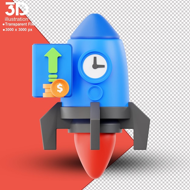 PSD rocket launch 3d time management on isolated background