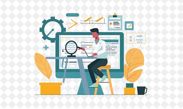 PSD rustic qa engineer with characters testing and ensuring soft png people in daily work illustration