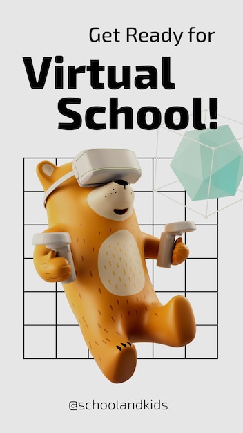 PSD school vr education banner funny bear 3d render