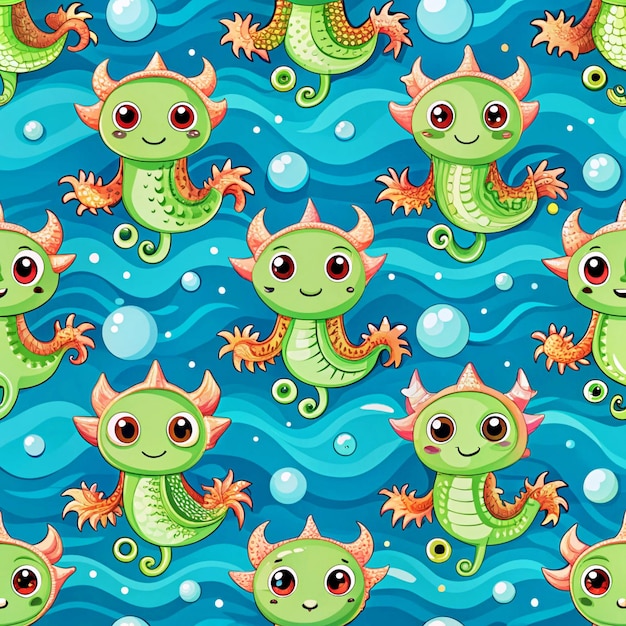 PSD a seamless pattern with a green seahorse and a fish